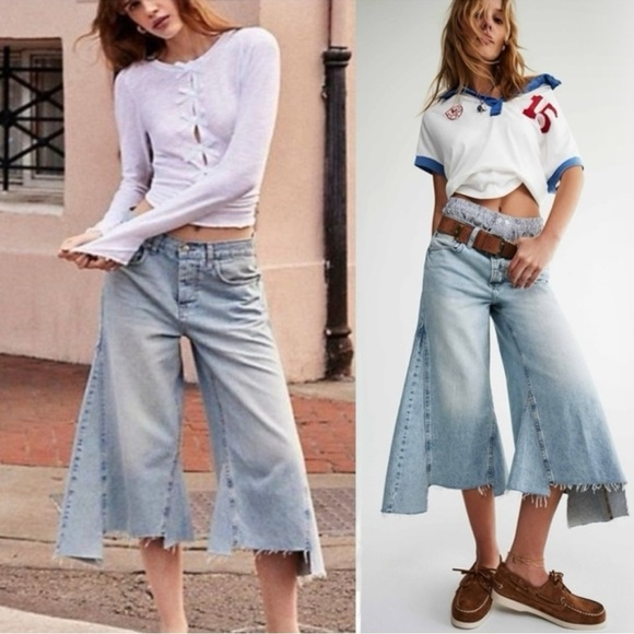 Free People Denim - Free People Ripple Wide Leg Crop Jeans Light Wash  Size 26 L Culottes Retro 70s